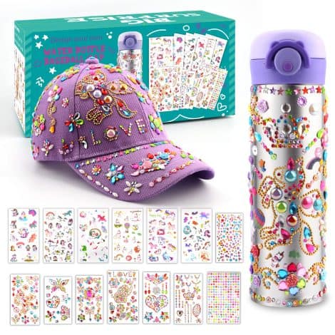 Kit regalo per ragazze di 4-10 anni: personalizza la tua bottiglia d’acqua e il cappellino da baseball con adesivi di unicorni e gemme. Perfetti per compleanni e Natale.