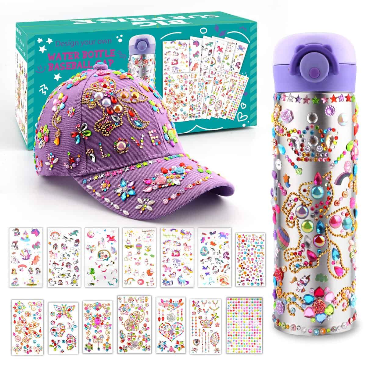 Regalo Bambina 4 5 6 7 8 9 10 Anni, Kit Bottiglia D'acqua e Cappellino da Baseball Fai Da Te con Gemma e Unicorno Adesivi, Compleanno Natale Regali per Ragazze, DIY Borraccia e Berretto da Baseball