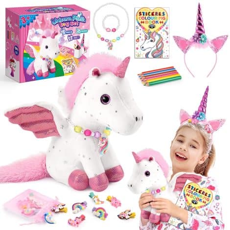 Kit regalo per bambine dai 3 ai 7 anni: peluche unicorno, giochi di pittura e braccialetto.
