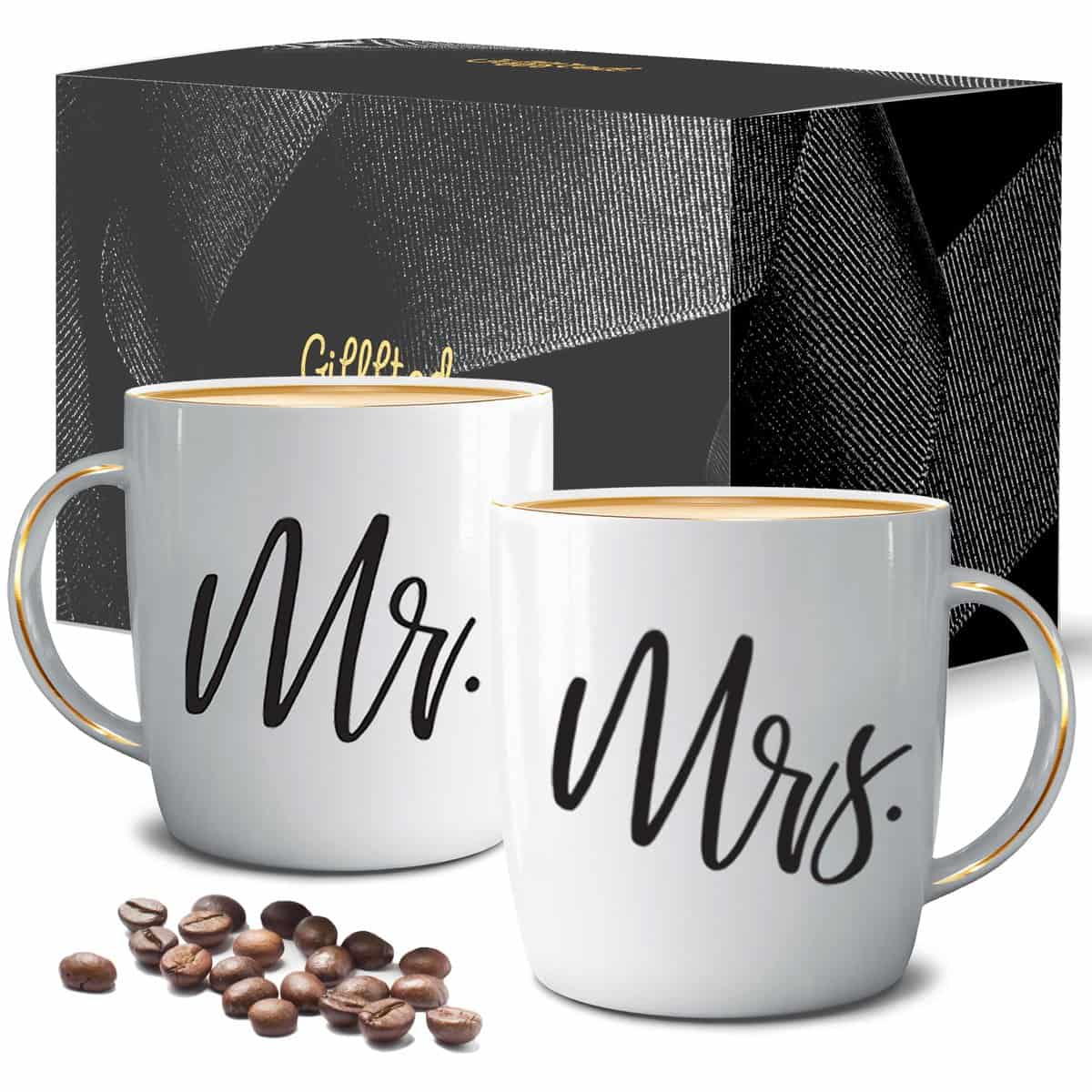 Triple Gifffted ceramica Set Tazze d Caffè Mr and Mrs, Regalo per Coppie, Lui e Lei per Matrimonio Anniversario, Sposa e Sposo, Idea Regalo per Fidanzamento per Copie, Natale, Ceramica, 380 ML