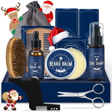 Kit completo per cura barba maschile con olio barba, shampoo, balsamo, accessori e regali natalizi.