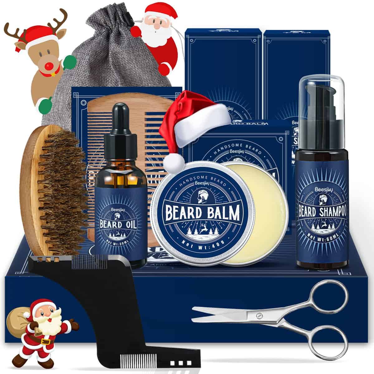 Kit Barba per Uomo, Beesjuy Kit Barba Uomo Professionale, con 30ML Olio per Barba, 60ML Shampoo per Barba, 40g Balsamo per Barba,Pettine, Spazzola per Barba,Forbici, Regali di Natale per Gli Uomini
