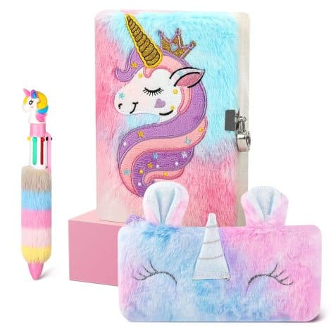 Set di Taccuino Peluche Unicorno con Lucchetto, Incluso Diario Segreto A5 per Bambina 5-12 anni, Regalo colorato.