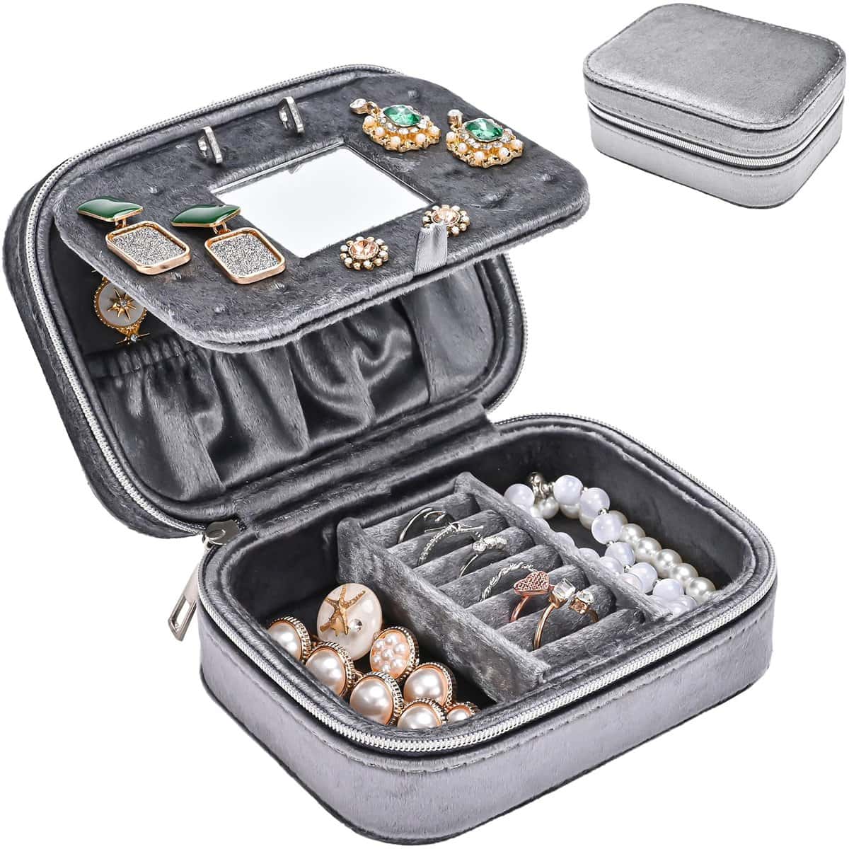 ProCase Portagioie in velluto da viaggio con specchio, custodia da viaggio, piccola scatola di lusso, organizer da viaggio, portatile, per donne e ragazze, regalo grigio