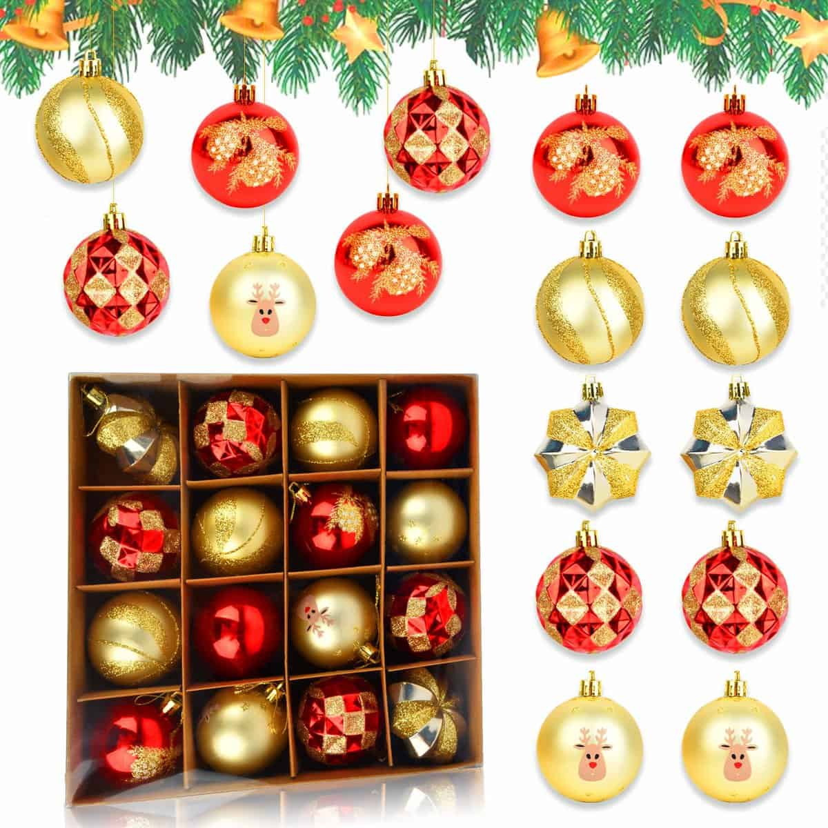 Palline di Natale Rosse e Oro: 6cm 16 Pezzi decorazioni albero di natale, 6cm Addobbi Albero di Natale Plastica con Gancio, Palle Addobbi Natalizi per Decorazione Natalizia Casa