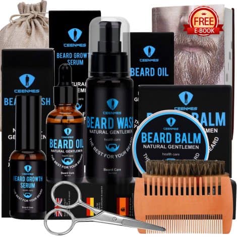 Kit per prendersi cura della barba, 9 pezzi, ideale per uomini, include shampoo, olio, balsamo e pettine.