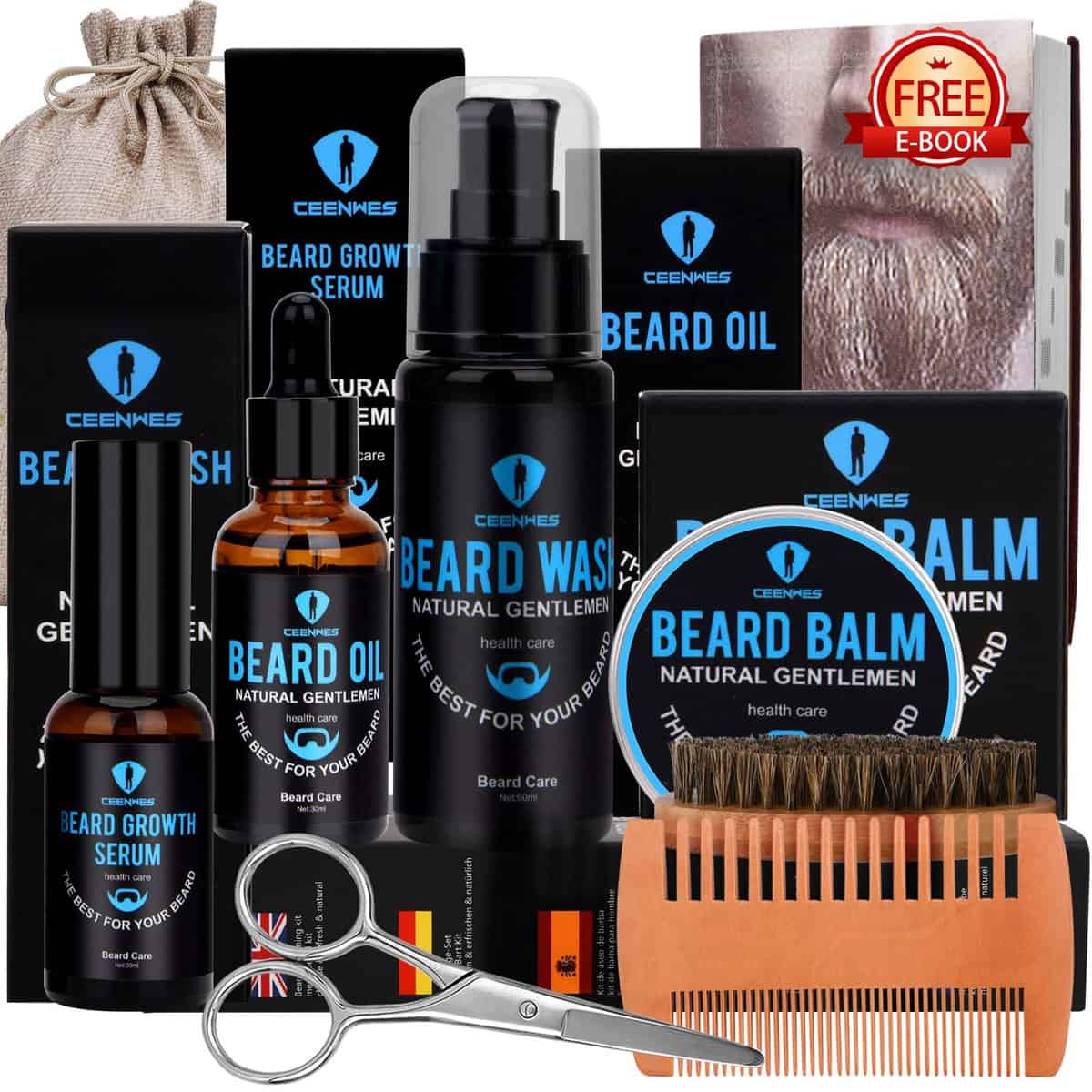 Set per la cura della barba, 9 pezzi, per la cura della barba, da uomo, con shampoo, olio per barba, balsamo per barba e barba