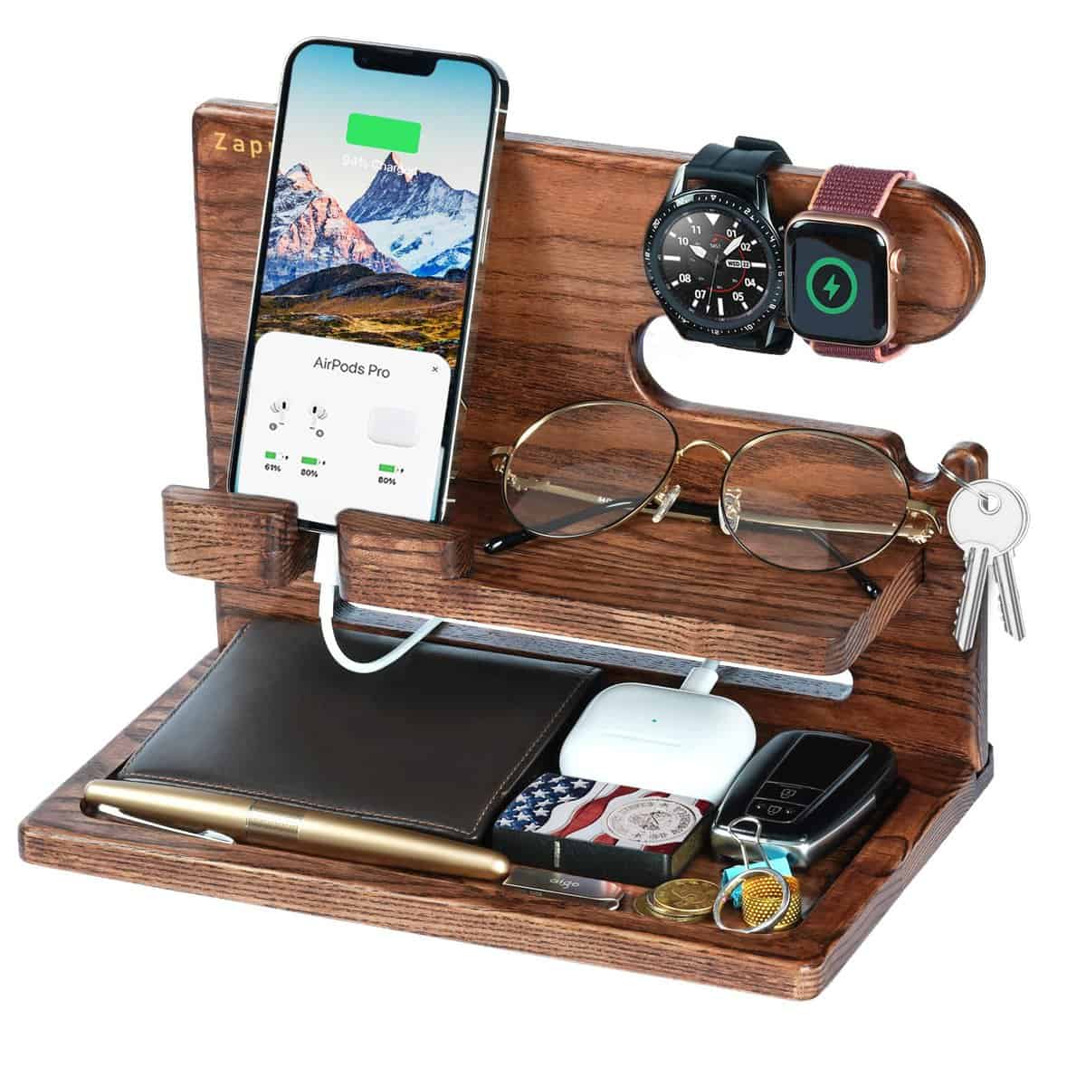 Regali per uomini, regali per papà da figlia figlio, dock per telefono in legno di frassino, organizer per comodini, regali per papà, marito, anniversario, compleanno, moglie, fidanzato, gadget idee