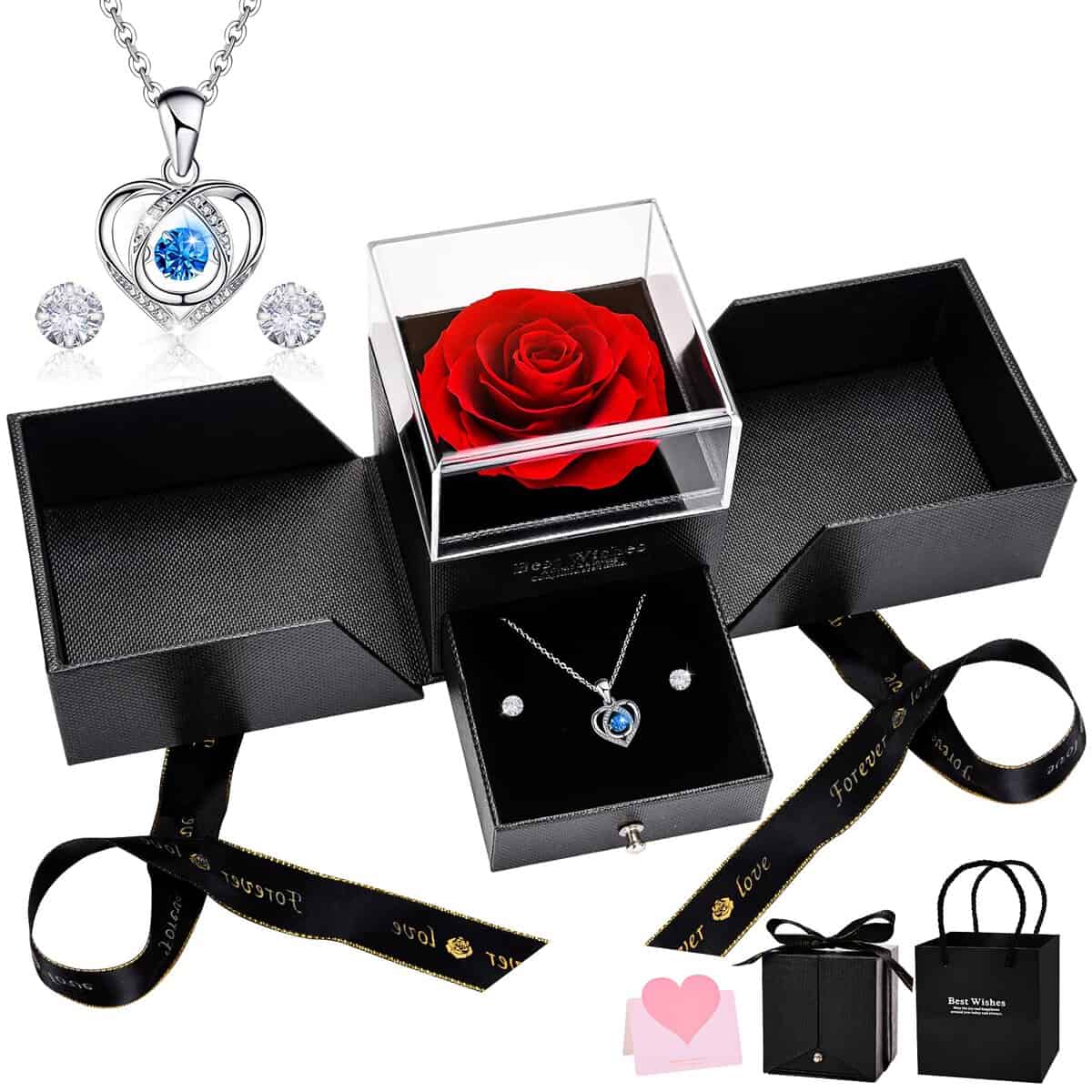 UUEMB Rosa Eterna, Rose Stabilizzata Confezione Regalo con Collana a Cuore e Orecchini, San Valentino Festa della mamma Anniversario Regali di compleanno per mamma Moglie Sorella Donna