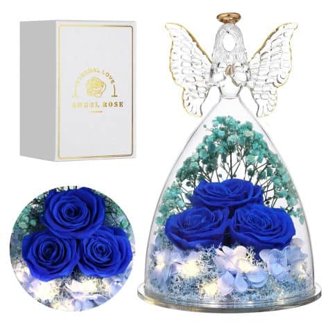 Regalo speciale per lei: Tre Rose Conservate in Vetro con Angelo. Perfetto per compleanni e festività come San Valentino, Festa della Mamma e Natale. In colore blu scuro.