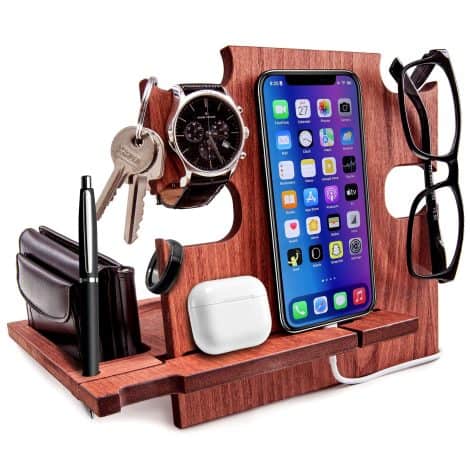 Stazione di Ricarica in Legno, Organizer da Scrivania, Portaoggetti – Regalo Uomo, Regalo Natale per Lui (Marrone Scuro)