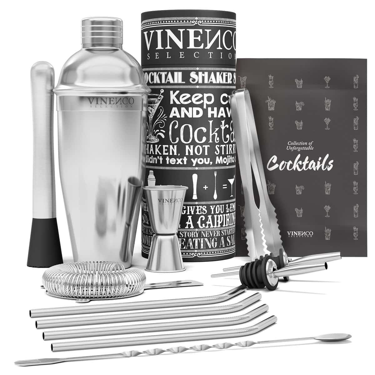 Shaker Cocktail Set Professionale + Ricettario | Kit Barman Completo, Acciaio di Qualità Premium | Aperitivo Accessori per Mojito Martini Gin Tonic Long Drink | Regalo Donna Uomo, Bar Party