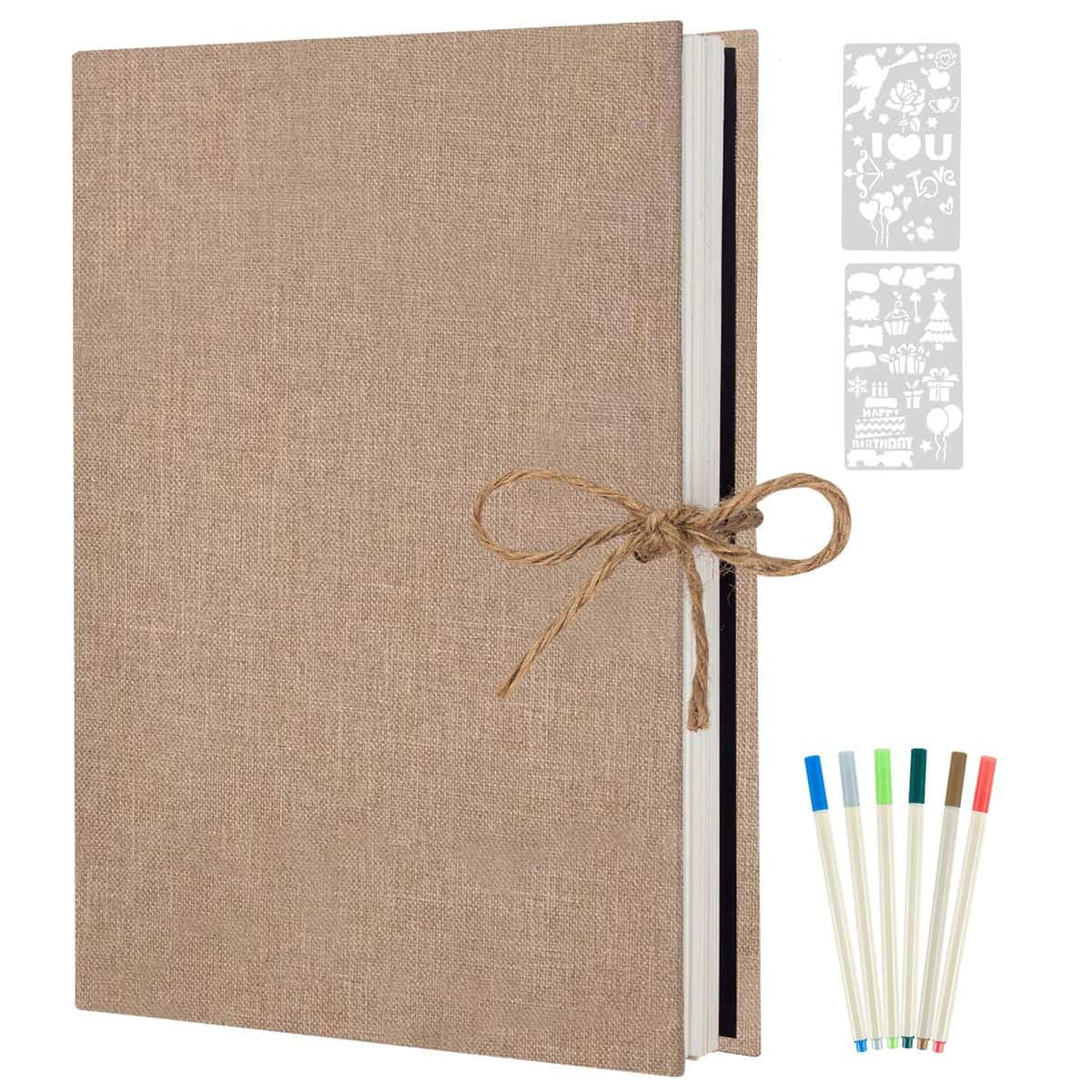 AIOR Album Foto Autoadesivo 60 Pagine Bianche, Lino Album Foto Scrapbook Guestbook, Degli Ospiti Matrimonio Regalo di Compleanno per Donna Mamma Ragazza (Beige)