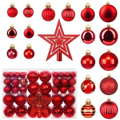 Palline di Natale Rosse, 101 pezzi con 17 tipi, per decorare l’albero natalizio in plastica resistente e riutilizzabili.
