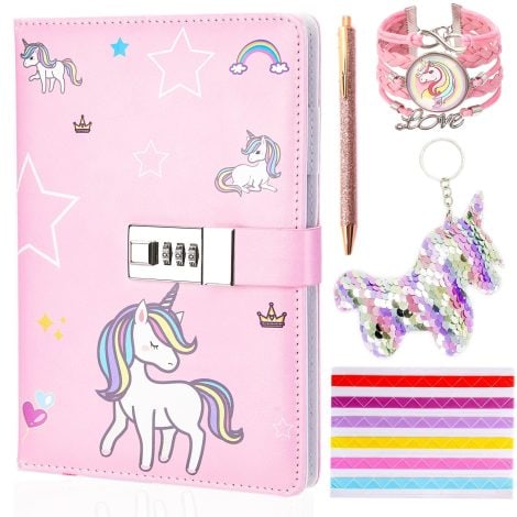 Set di cancelleria Unicorno Lubibi con Diario, Blocco Note, Penna, Braccialetto, Portachiavi, ideale come regalo per bambini e ragazze dai 5 ai 11 anni.
