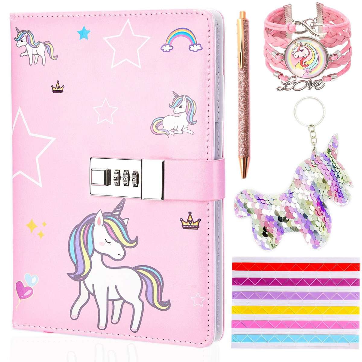 Lubibi Set cancelleria Unicorno con Diario Blocco Note, Penna a Sfera, Braccialetto, Portachiavi, Regali per Bambini, Ragazze di età 5 6 7 8 9 10 11 Anni