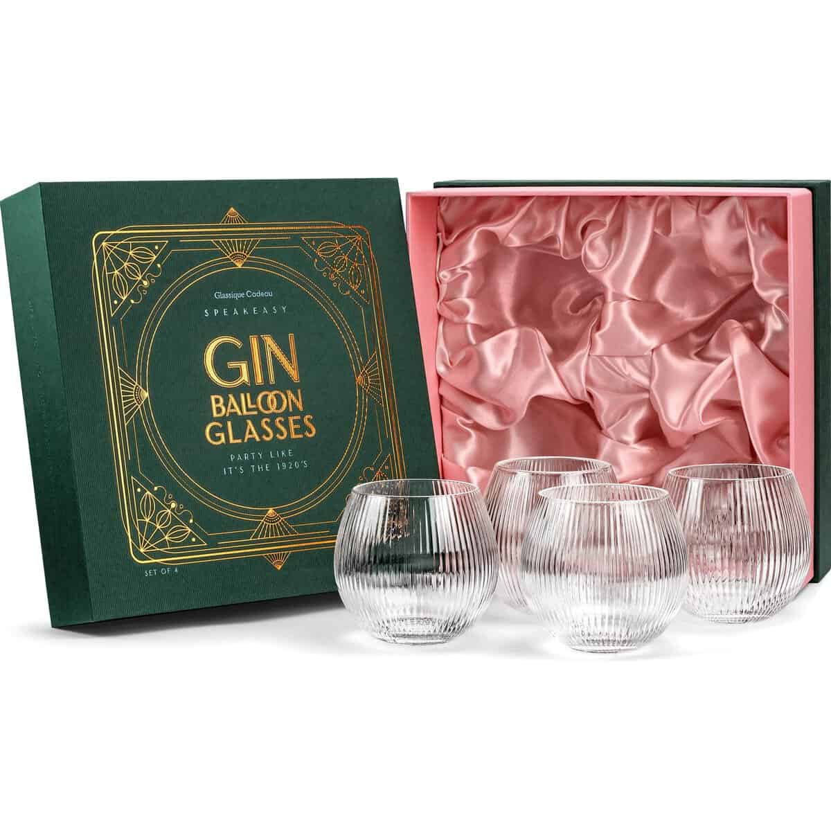 Bicchieri vintage Art Deco per Gin e Tonic Balloon | Set di 4 | Copas di cristallo senza stelo da 382,7 g per bere cocktail al gin | Bicchieri regalo retrò per gli amanti del gin | Bicchieri a bolle