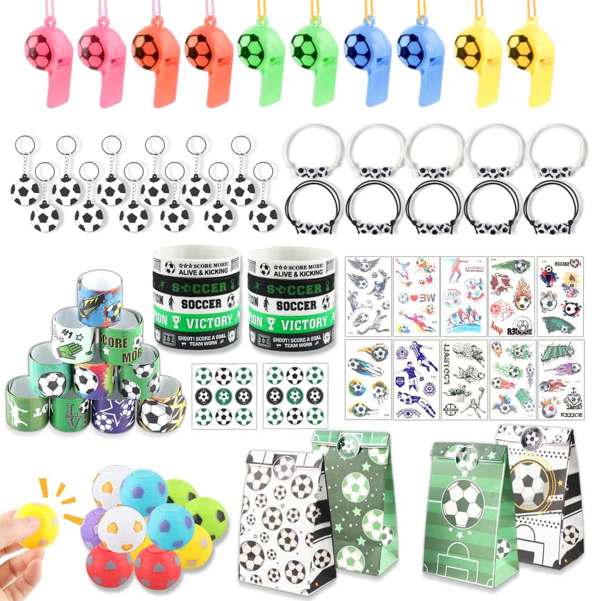 Gadget Calcio Compleanno Bambini, Calcio Festa Regalo per Bambini, Portachiavi, Braccialetti in Silicone, fischietti, Rotante Calcio Piccolo, Adesivi per Tatuaggi, Braccialetti, Sacchetti Regalo