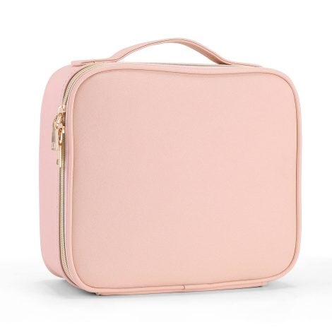 Beauty case rosa in pelle PU con scomparto rimovibile, adatto per trucchi professionisti.