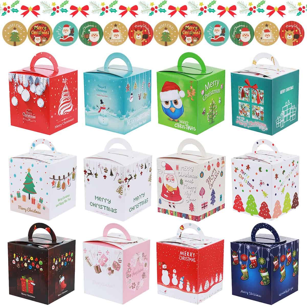 Annhao 12 Pezzi Scatole Regalo di Natale, con 12 Pezzi Adesivi Natale, Scatola Piccola di Natale per Caramelle Biscotti Cupcake Scatole Regalo, per Bambini Regali di Natale, Regali fai da te, Feste