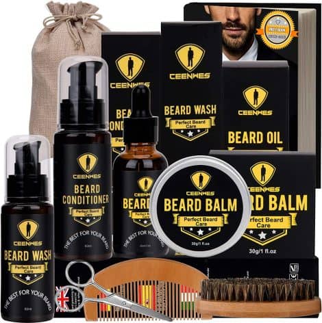 Set completo per la cura della barba maschile, con regalo per il compleanno, e-book gratuito, olio, spazzola, pettine, balsamo, shampoo e forbici.