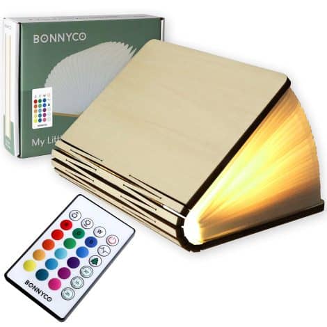 Lampada libro in legno pieghevole, con telecomando per cambiare colore e timer. Perfetta idea regalo!