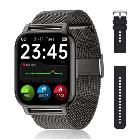 Smartwatch Popglory unisex, due cinturini inclusi con funzioni chiamate, Whatsapp, conta passi, assistente vocale, cardiofrequenzimetro 24h e monitor pressione Sanguigna SpO2 Sonno. Compatibile Android e iOS.
