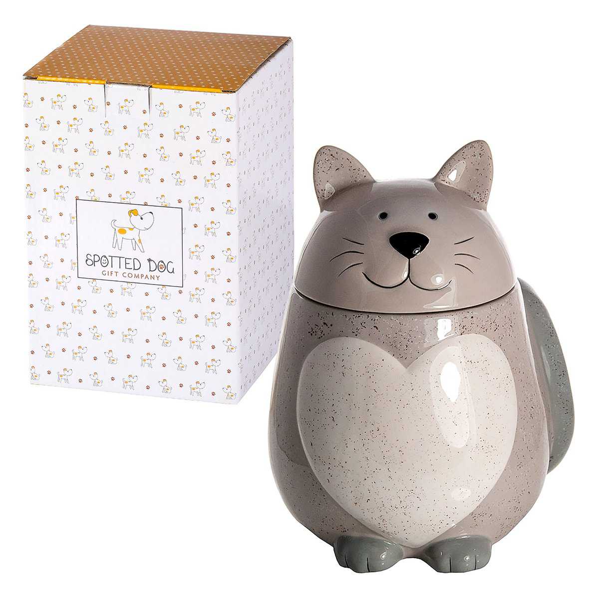 SPOTTED DOG GIFT COMPANY - Biscottiera a forma di gatto con cuore - barattolo da cucina - idee regalo per donna, uomo e amanti dei gatti - in ceramica - grigio