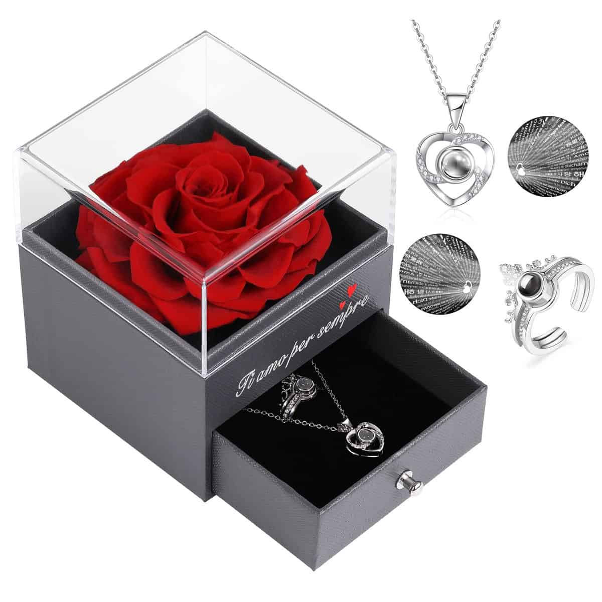 Eaprala Regali per Donne, Rosa Eterna con Collana e Anello Ti Amo in 100 lingue, Regali di Fiori di Rosa Conservati per Fidanzata Moglie Madre a San Valentino, Natale, Festa della Mamma.