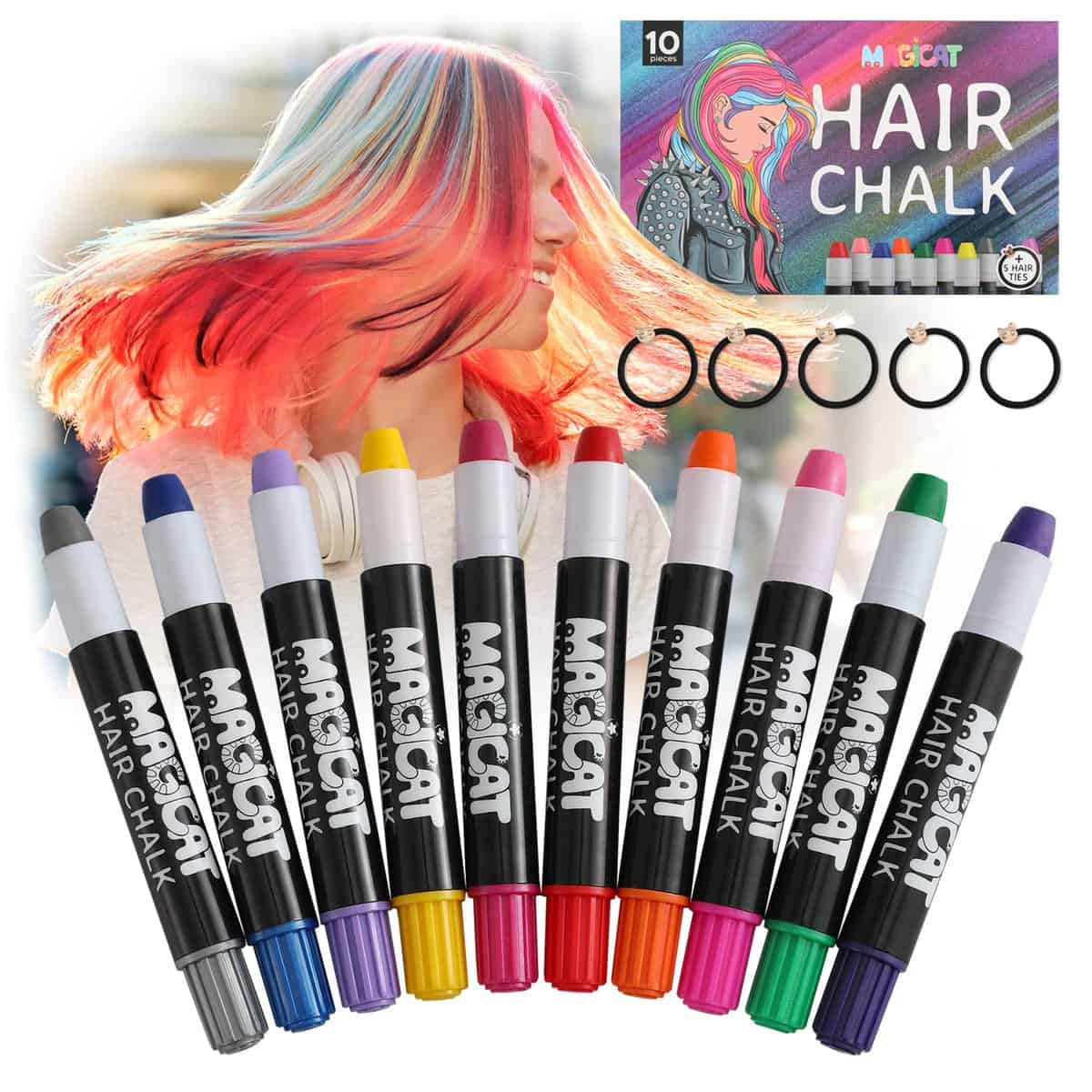 Magicat SET 10 pennarelli gessetti per capelli e 5 elastici per capelli I Gesso colorato hair chalk pens non tossici e lavabili, regalo per bambini per Halloween,Carnevale, colore per capelli