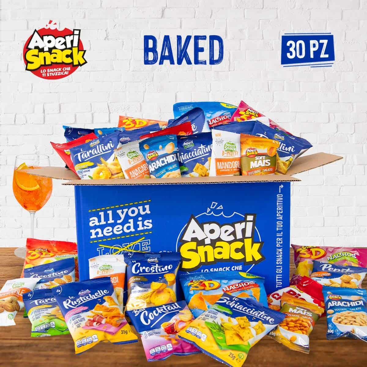 APERIBOX BAKED 30 - Snack salati e gustosi per un aperitivo o evento fai da te, sfiziosa box con un’ampia varietà di stuzzichini salati patatine e frutta secca