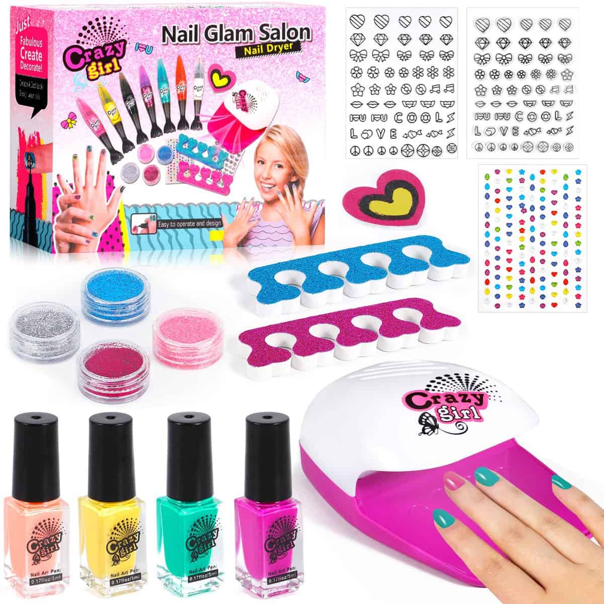 MOYKSRR Kit Gioco per Unghie Bambina, Chic-Cool Nails Set per Unghie Bambina, Gioco di Nail Art per Ragazze con Asciuga Unghie, Adesivi, Kit Smalto per Unghie per Ragazze 6 7 8 9 10 Anni