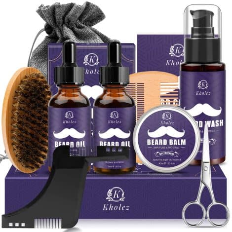Confezione professionale per cura barba: set completo con olio, balsamo, shampoo, forbici, pettine, spazzola, modellatore e sacca da viaggio. Ideale come regalo.