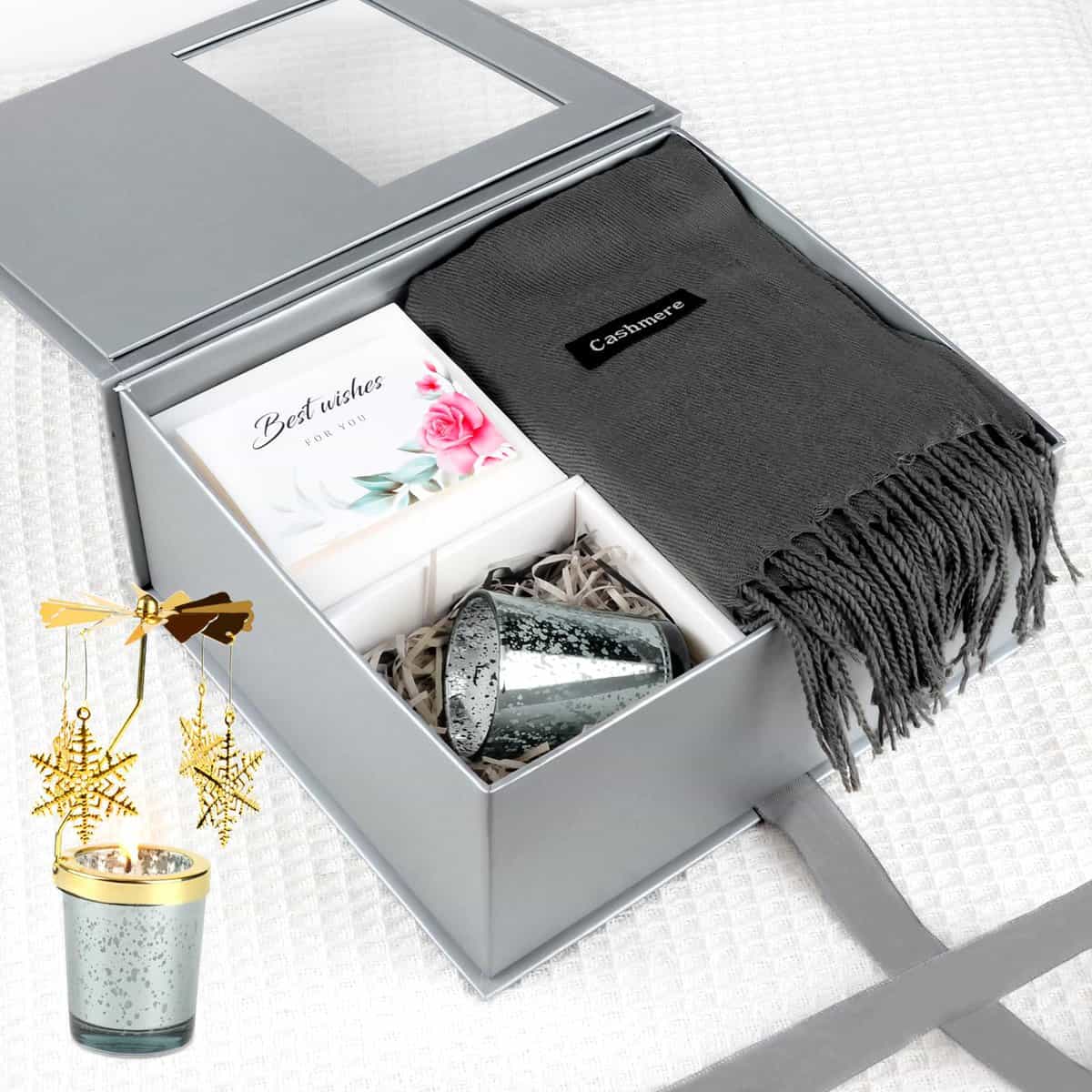 Confezione Regalo Candele Profumate Donna con Portacandele Rotante e Sciarpa Cashmere Grigio, Idee Regalo Donna Natale per Mamma Migliore Amica Fidanzata, Originale Regali Donna Compleanno