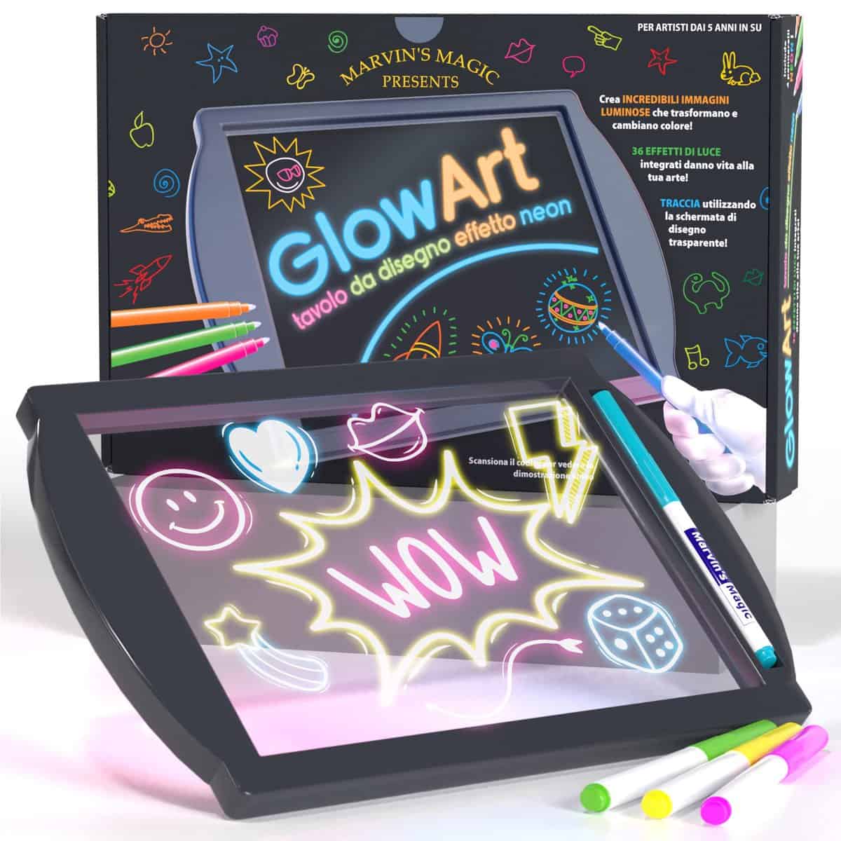 Marvin's Magic - Incredibile Tavolo da Disegno Luminescente per Bambini - Set Neon con Supporto e 4 Penne Magiche Fluorescenti - Colore Nero, Creatività Illuminata!