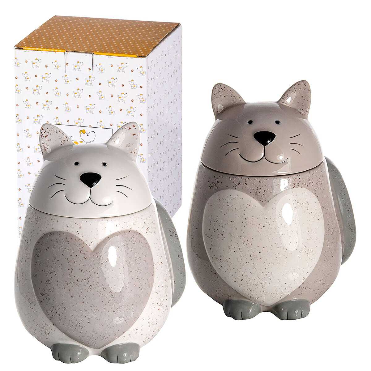 SPOTTED DOG GIFT COMPANY - Barattoli da Cucina a Forma di Gatto con Cuore - per tè, caffè e Zucchero - Idee Regalo per Donna, Uomo e Amanti dei Gatti - in Ceramica - Set da 2