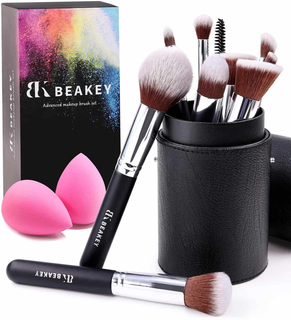 BEAKEY Pennelli per Fondotinta, Per Sfumare il Viso, Cipria e Fard, Idea Regalo per (10+2 Pezzi, Con Custodia Nera per Pennelli)