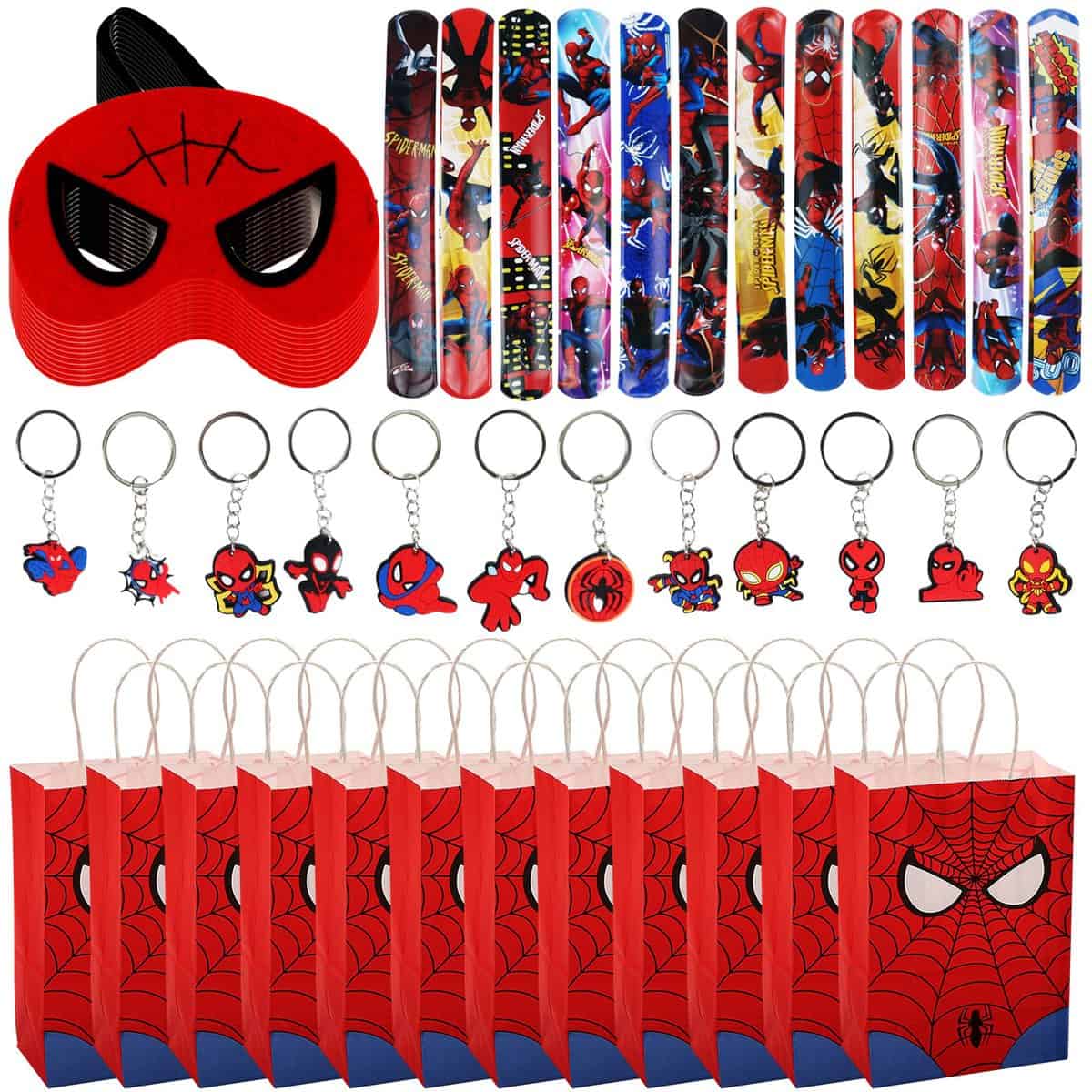 Spiderman Regalo Compleanno, 12 Spiderman Sacchetti Regalo + 12 Braccialetti Slap per Bambini + 12 Portachiavi per Bambini + 12 Maschere di Supereroi, Bomboniere per Feste di Compleanno per Bambini