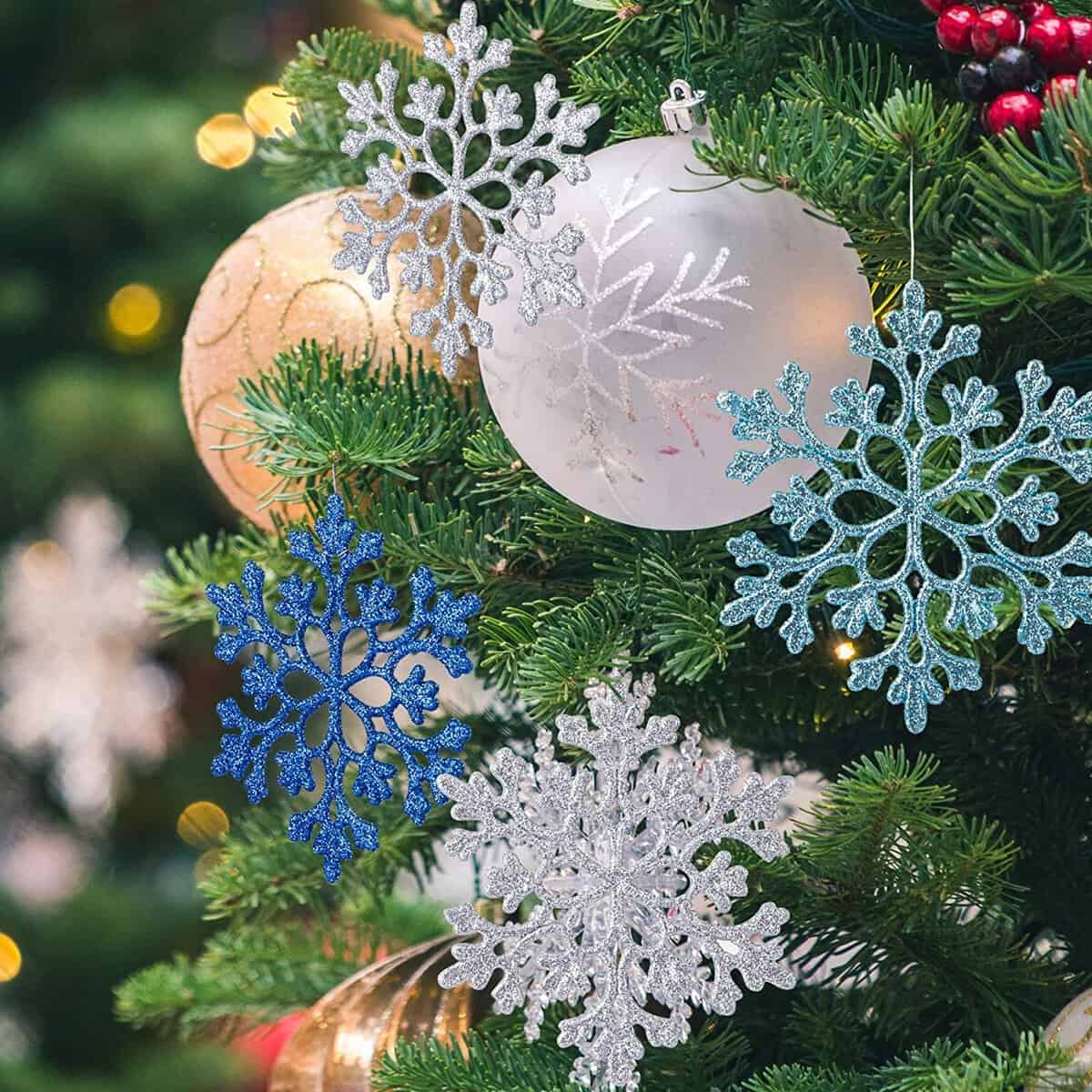 Naler 24 Pezzi di Fiocchi di Neve per Natale Decoratici Fiocchi di Neve con Glitter Addobbi per Albero di Natale Decorazione per Festa di Natale, Bianco, Argento, Blu, Blu Reale