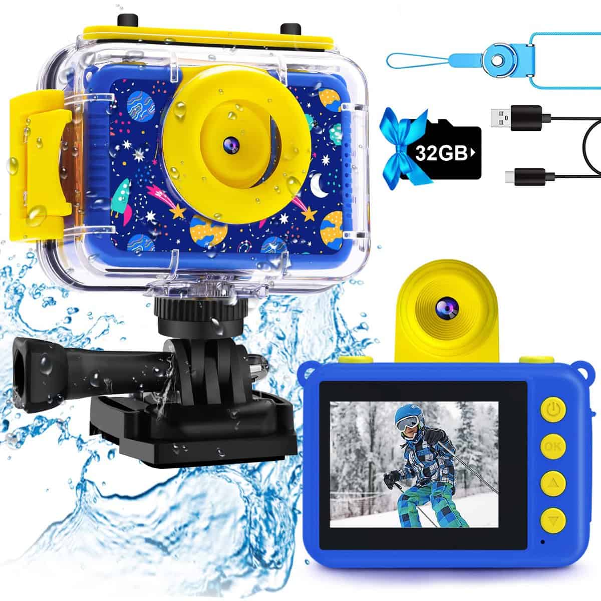 Fotocamera Impermeabile per Bambini, Macchina Fotografica Bambini Subacquea-1080P Videocamera Bambini con 2,0 Pollici Schermo, Natale Regalo per Ragazzi e Ragazze da 3-12 Anni, 32GB TF Scheda
