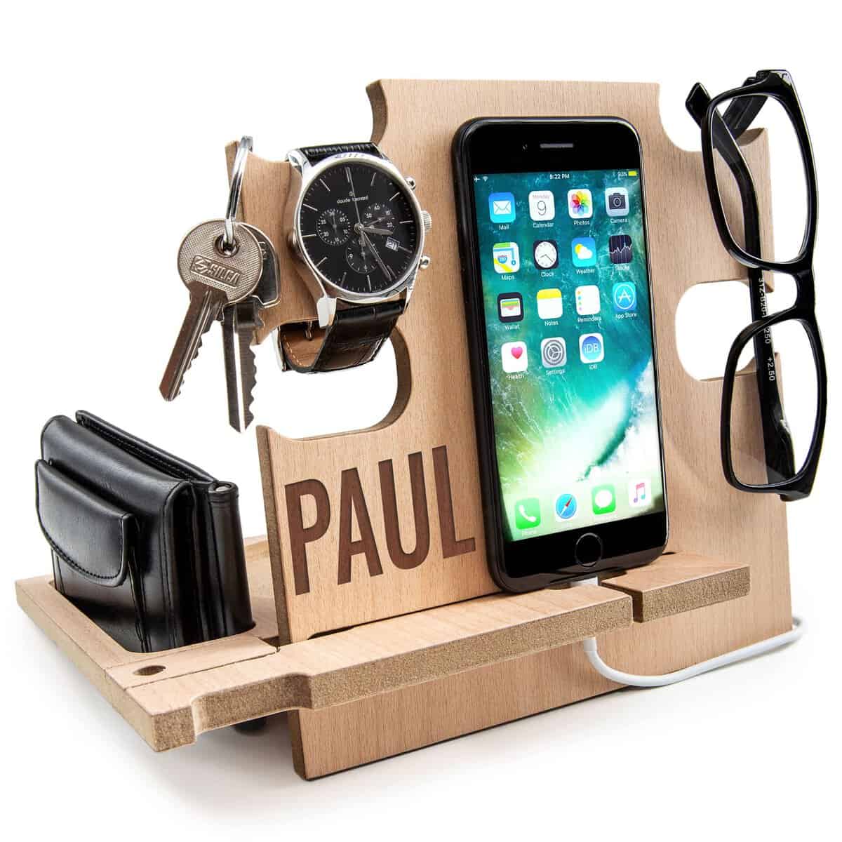 Regalo per Uomini, Docking Station in Legno, Organizzatore da Scrivania per Lui - Svuota Tasche Personalizzzato, Svuotatasche per Uomo, Regalo San Valentino, Regali Natale (NATURALE)