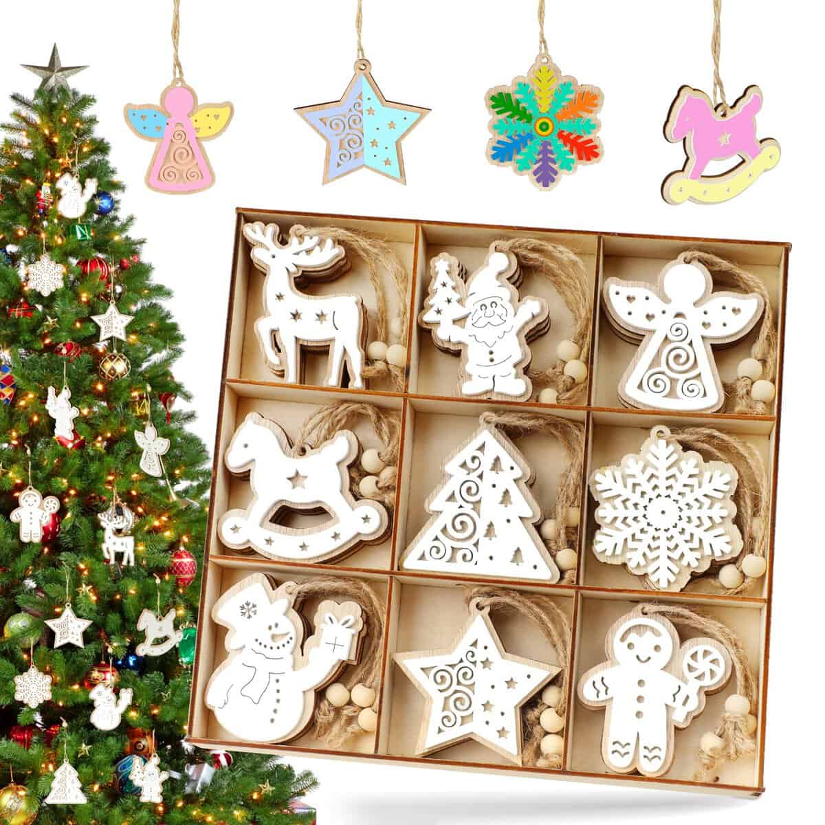 Addobbi Albero di Natale Legno, 27 Pezzi Decorazioni Natalizie Legno, Albero di Natale Legno da Appendere Legno a Doppio Strato Colore-bianco, DIY Natale Legno Pendenti Ornamenti Fiocco di Neve