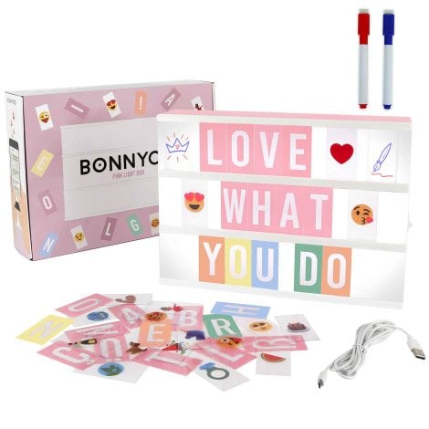 Scatola luminosa rosa BONNYCO con 400 lettere ed emoji, 2 pennarelli, idea regalo per compleanno e Natale.