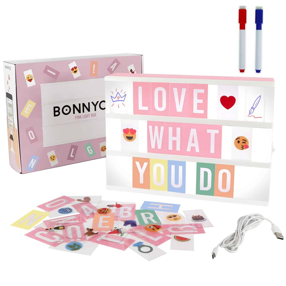 BONNYCO Light Box Rosa con 400 Lettere ed Emoji, 2 Pennarelli Lavagna Luminosa con Lettere Luminose Idee Regalo per Compleanno e Natale Bambina, Raggazza e Donna | Scritte Luminose Decorazioni
