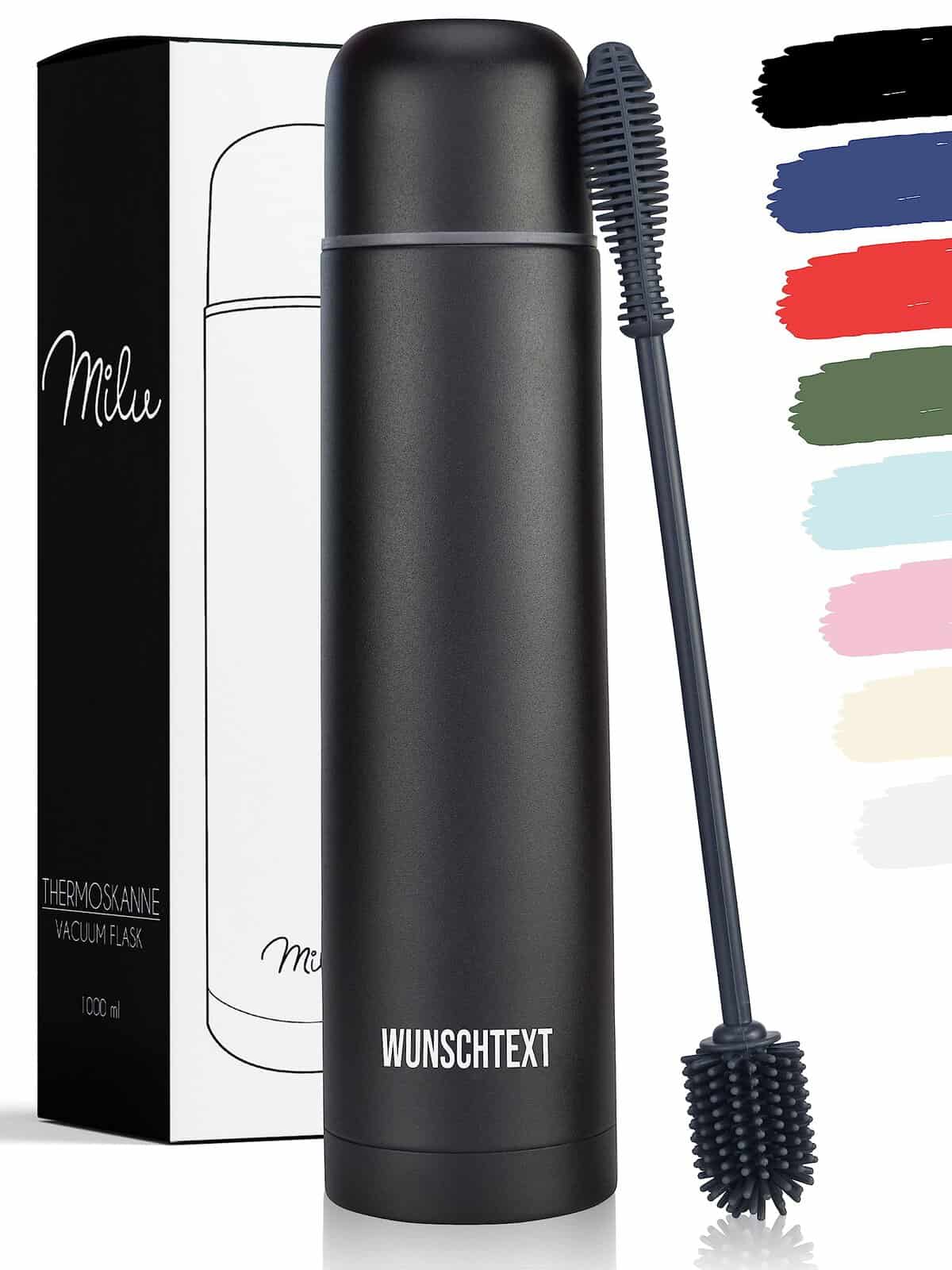 Milu Thermos con incisione, thermos da 1 l, 750 ml, 500 ml, idea regalo personalizzata con nome di Natale, per uomini, donne, mamma, papà, fidanzata, (1000 ml + incisione) (T4)