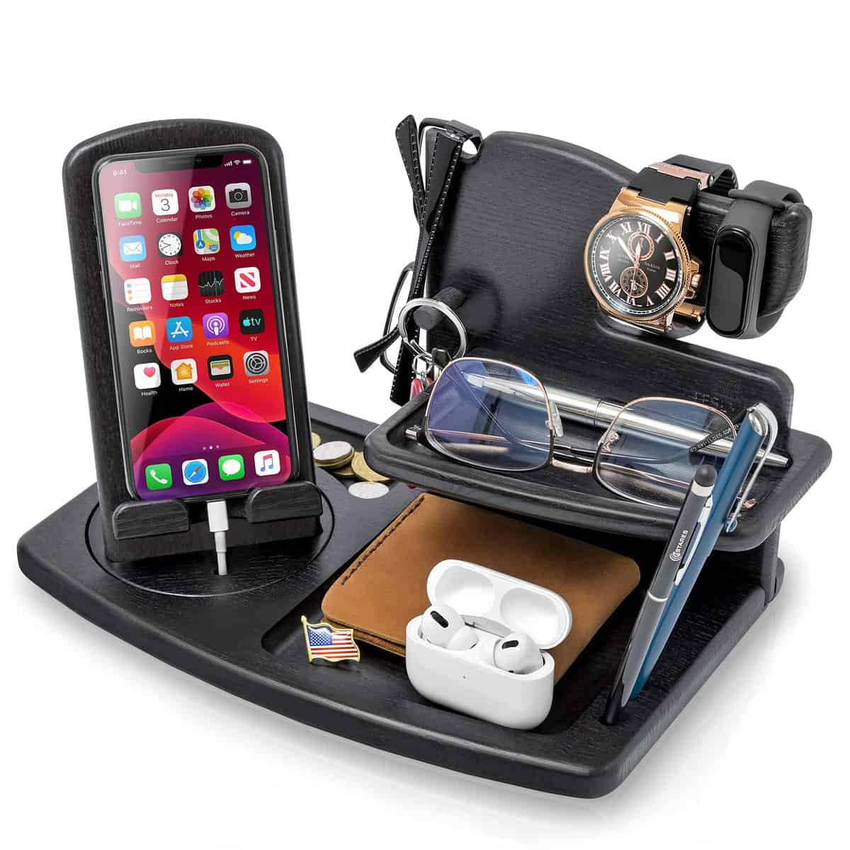 Teslyar Regalo da Uomo Docking Rotante Station in legno per smartphone Supporto portafoglio Natale Regalo da Uomo regalo per Marito, per papà Supporto da comodino massello in frassino (Nero)