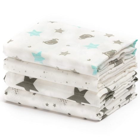 Cuddlebug – Copertina in morbida mussola, 4 pezzi, 120 x 120 cm, per neonati, con 5 diverse collezioni di colori (Notte Stellata)