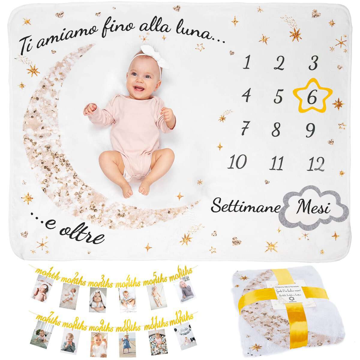 Coperta Neonato In Italiano | Con Porta Foto 12 Mesi | Per Maschio O Femmina, Unisex | Tema Luna E Stelle | Regalo Baby Shower Personalizzato