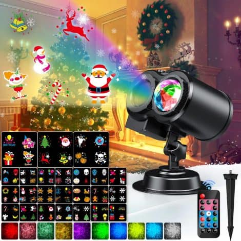 Proiettore Luci Natale con 12 motivi e 10 effetti, per decorare interni ed esterni. Telecomando incluso.