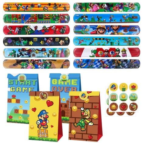 Pack regalo Mario Bros con 12 sacchetti, 12 braccialetti e 18 adesivi per feste, matrimoni e Natale.